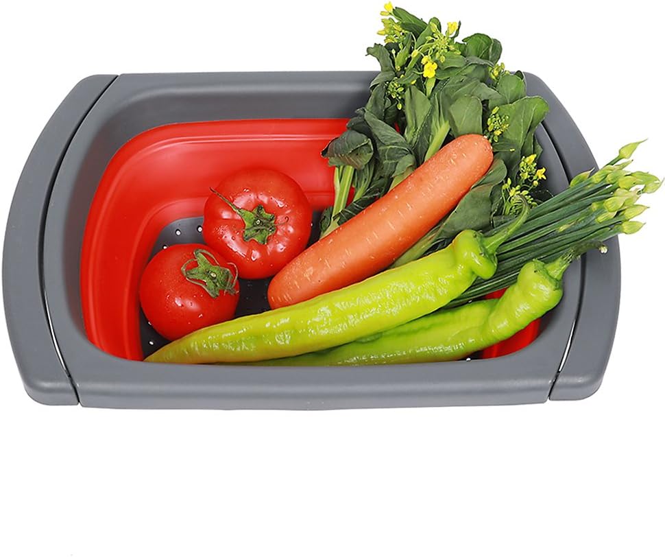 QiMH Colander collapsible Over The Sink Vegtable/Fruit Colander Strainer With Extendable Handles(Green&Red) (Red) - Image 5