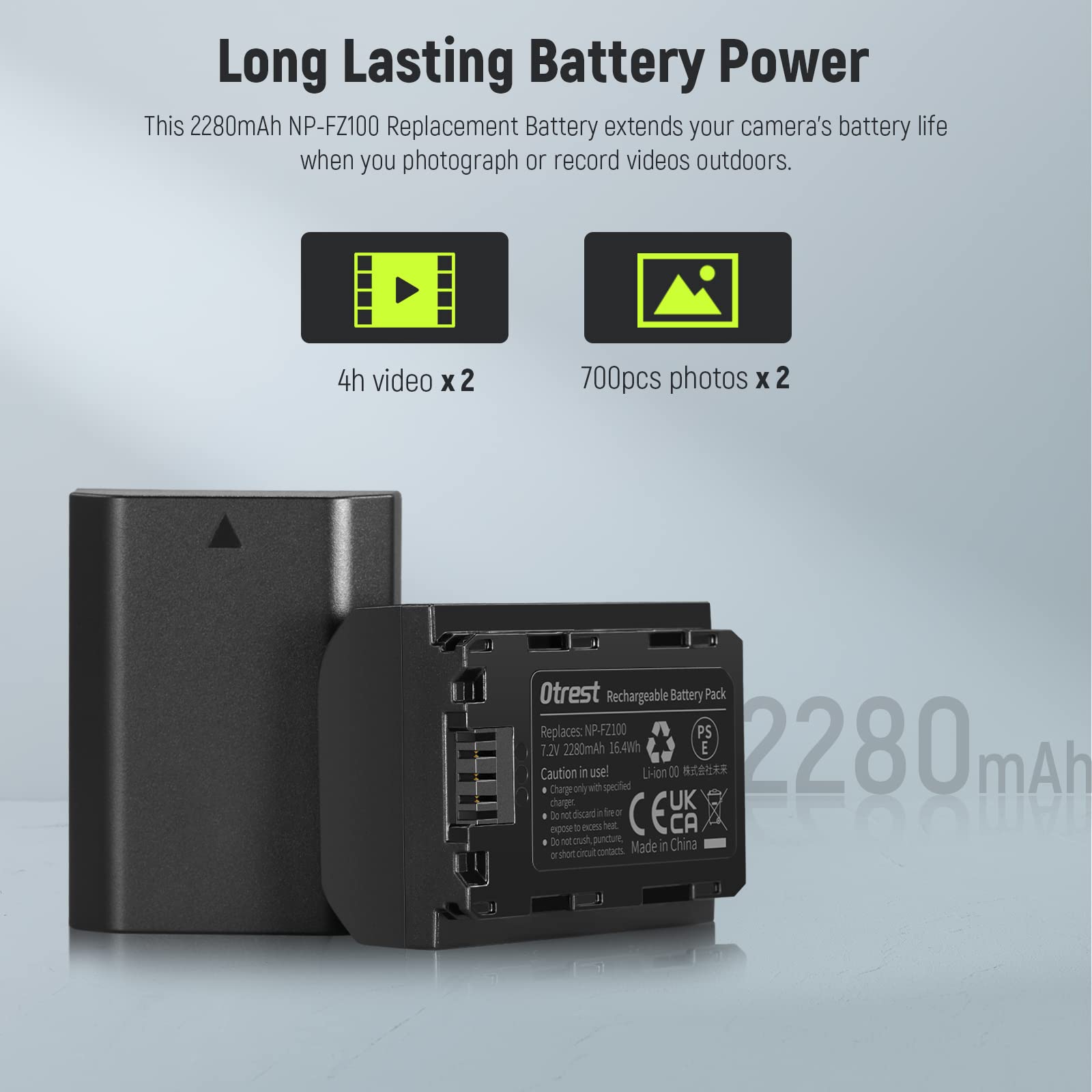 OTREST 2 Pack NP-FZ100 Batteries with Dual Channel Charging Case, 2280mAh Replacement Battery Compatible with Sony FX3 FX30 A1 A9 II A7R III A7R IV A7S III A7 III A7 IV A6600 A7C