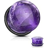 Pierced Owl - Natural Amethyst Semi-Precious Stone Domed Single Flare Plugs with Black O Ring, Sold as a Pair
