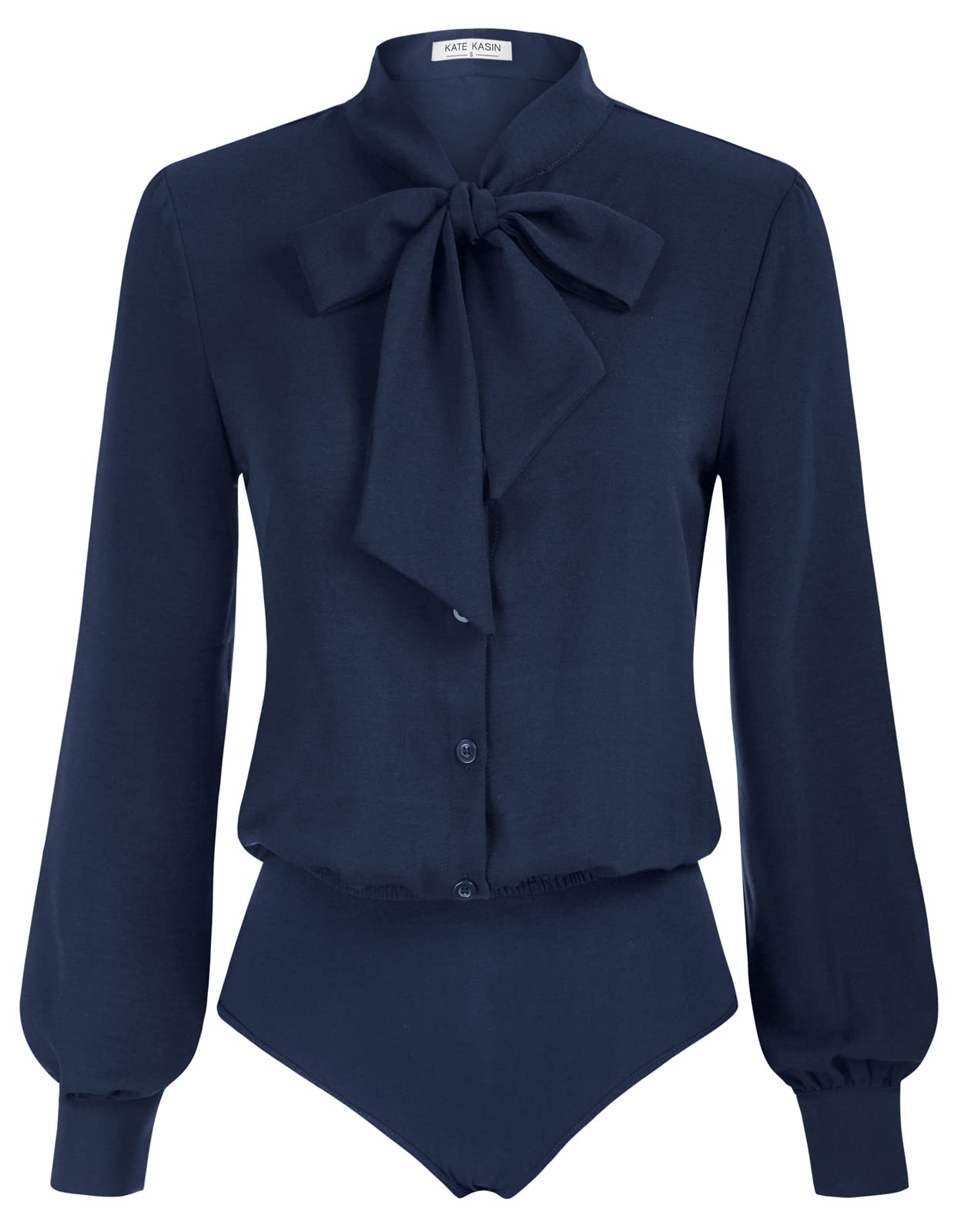 Kate Kasin Trajes de cuerpo de manga larga azul marino Camisa de trabajo con botones para mujer Trajes casuales de negocios Tops de otoño Blusa con pajarita XL