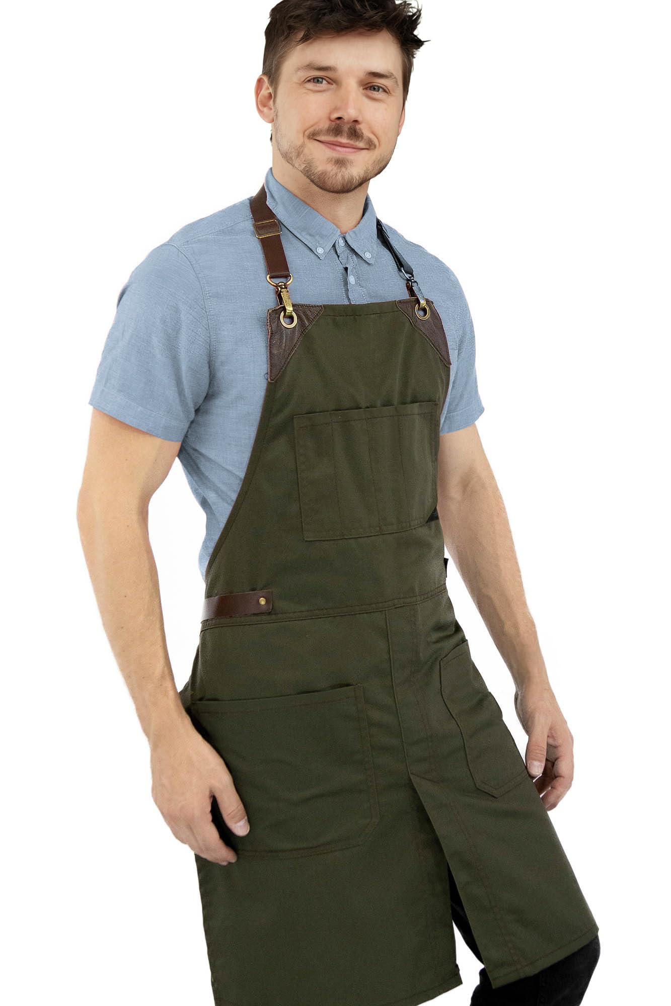 Under NY Sky No-Tie Moss Green Apron with Full Grain Leather Straps – Durable Twill, Split-Leg, Adjustable for Men, Women – Pro Chef, Pastry, Tattoo Artist, Barista, Bartender, Stylist, Server Aprons