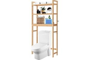 HITOMEN Over The Toilet Storage Cabinet, Bamboo Adjustable 3-Tier Above Toilet Shelf, Stable Freestanding Above Toilet Organizer with 3 Hooks for Bathroom Restroom Laundry Balcony, Natural 67" H