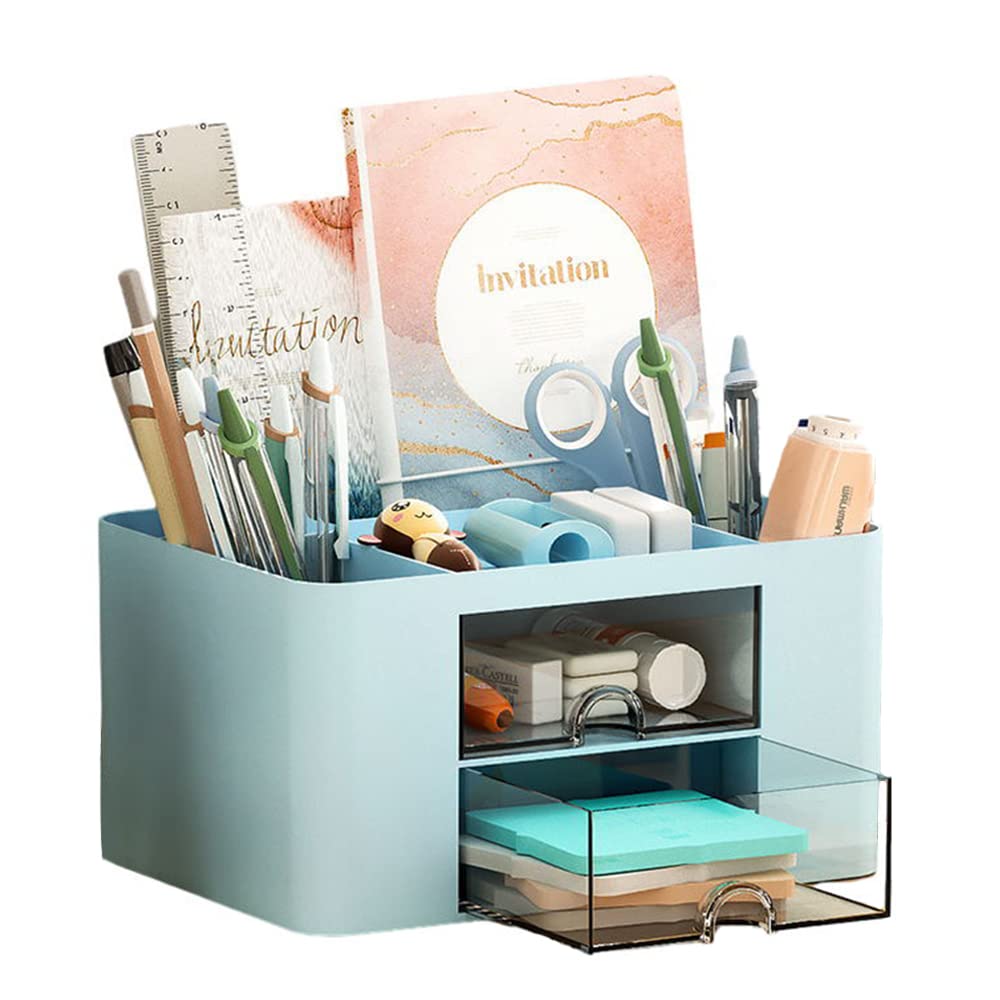 Axroad Mall Desk Organiser with Drawer, Large Capacity Desktop Pen Holder Caddy Office Supplies Organiser Stationary Accessories Storage Box (Blue)