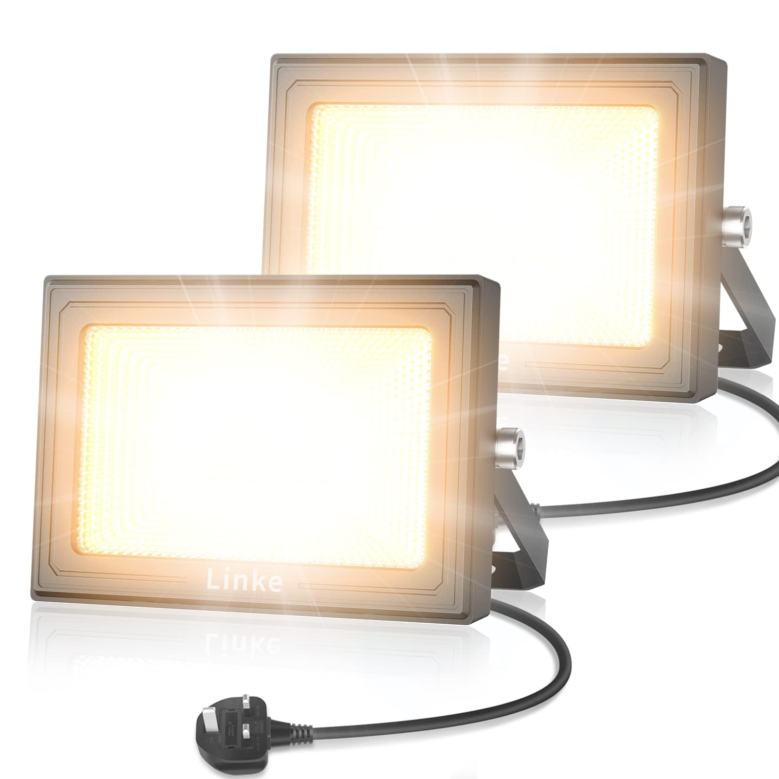 Linke 60W LED Floodlight Outdoor, 5200LM Work Lights Plug in, IP66 Waterproof Led Outdoor Lights, Wall Lights Outdoor Warm White for Garden, Porch, Courtyard, Garage & Warehouse, 2 Pack