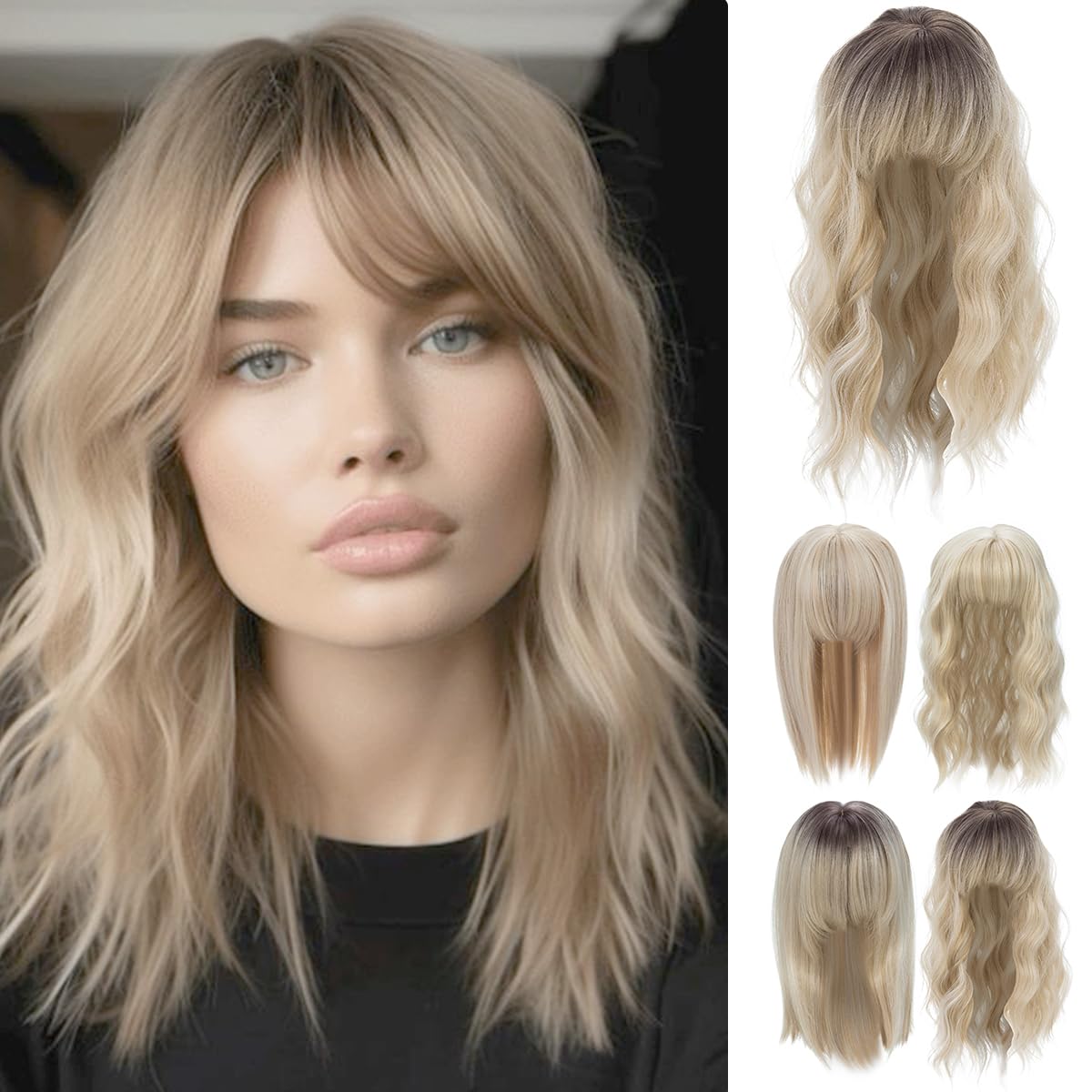 Yamel Hair Topper for Women Natural Synthetic Hairpieces 14 Inch Balayage Blonde Wave Hair Topper with Bangs Wave Wiglets Hairpieces for Thinning Hair — image 1