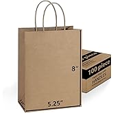 Brown Paper Gift Bags Bulk with Handles 5.25 X 3.25 X 8 [100 Bags] Ideal for Shopping, Packaging, Retail, Party, Craft, Gifts, Wedding, Recycled, Business, Goody and Merchandise Kraft Bag