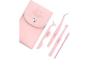 MEILAIMDY 4-in-1 DIY Lash Tweezer Set, Non-Stick Pink Eyelash Applicator Tools with 3 PCS Tweezers & Lash Brush for Upper & B
