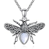 MILKYX Bee Moonstone Necklace, 925 Sterling Silver Vintage Pendant with Natural Gemstone, Boho Hypoallergenic Jewelry Gift for Her