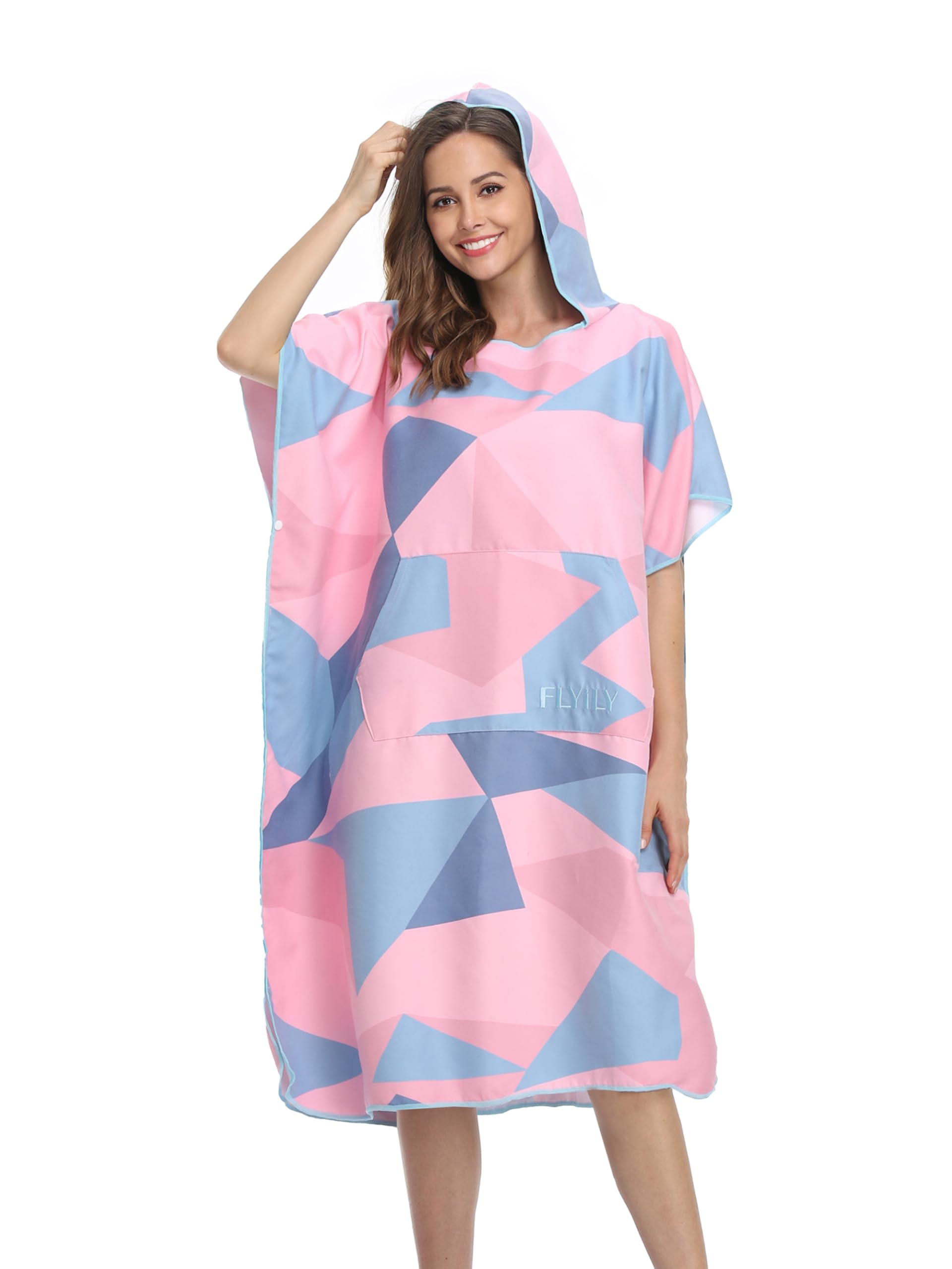 FLYILY Changing Towel Poncho Hooded light weight Microfiber surf wetsuit changing with pocket, Adults/Kids beach swimming changing towel (PinkGeometry, Large(Fit for Adult))