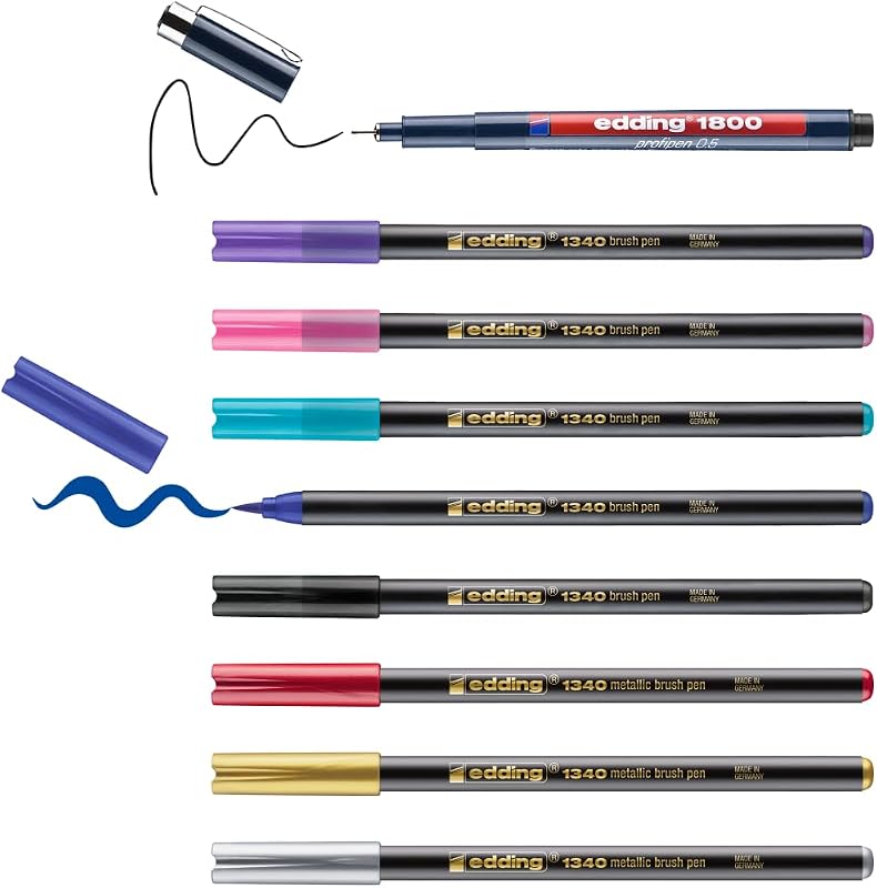 Happy Lettering 9+2 Set - 8 Fasermaler in leuchtenden und metallischen Farben, 1 Fineliner - perfektes Einsteigerset für Lettering-Liebhaber - mit Geschenkanhängern und Pinselfarbmixer