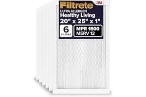 Filtrete 20x25x1 AC Furnace Air Filter, MERV 12, MPR 1500, CERTIFIED asthma & allergy friendly, 3 Month Pleated 1-Inch Electrostatic Air Cleaning Filter, 6-Pack (Actual Size 19.69x24.69x0.78)