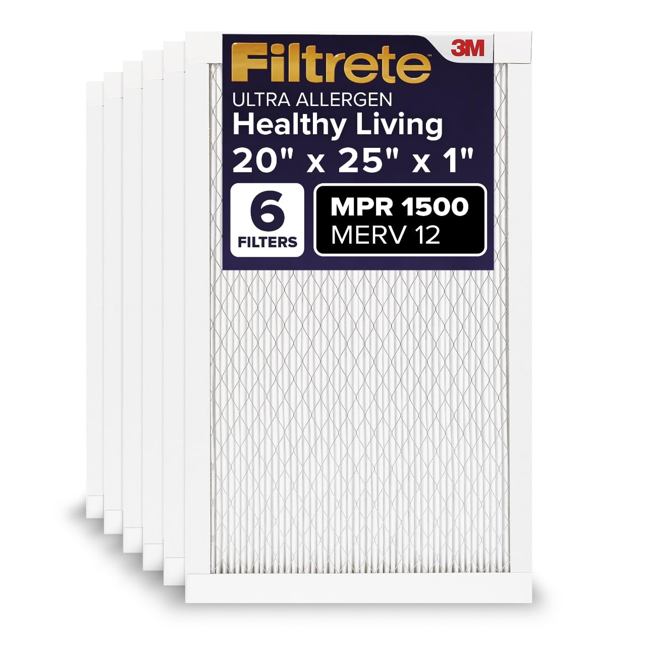 Filtrete 20x25x1 AC Furnace Air Filter, MERV 12, MPR 1500, CERTIFIED asthma & allergy friendly, 3 Month Pleated 1-Inch Electrostatic Air Cleaning Filter, 6-Pack (Actual Size 19.69x24.69x0.78) Image