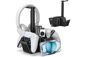 KDD Dual Controller Holder with Headphone Stand - Multi-Functional Desk Storage Box with Phone Holder - Universal Controller Stand with Desktop Organizer for Remote Control Pen Accessories(Black)