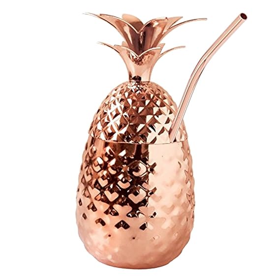 Baoblaze 350ml Handgemachter Moscow Mule Becher Kupferbecher Trinkbecher im Ananas Form, mit Strohhalm und Deckel - Roségold