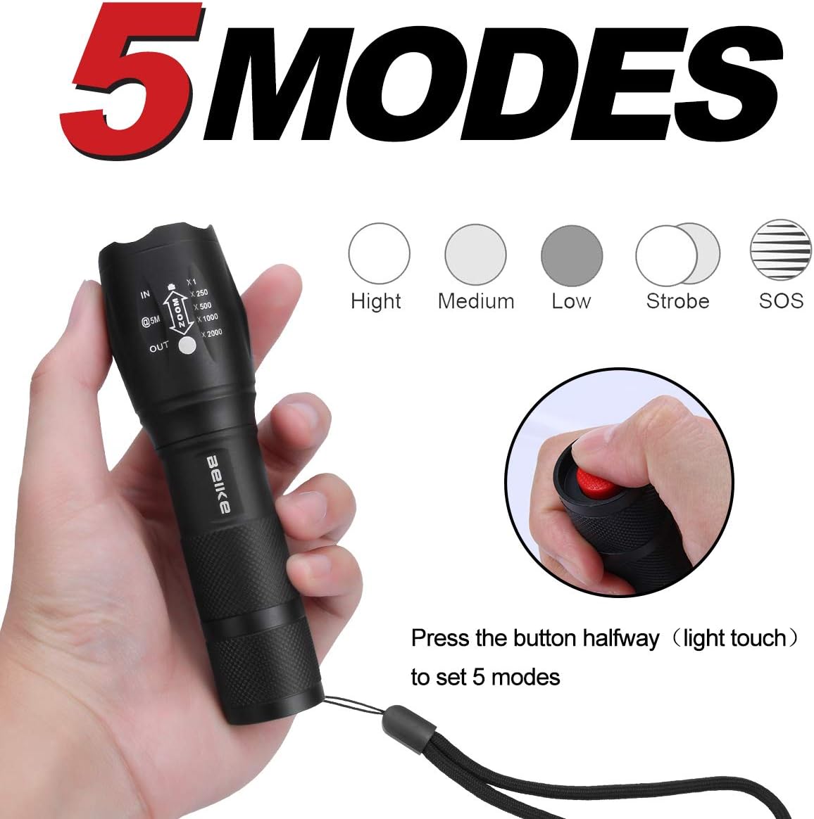 Beike 2 Pack LED Tactical Flashlight (Batteries Included) - 5 Modes, High Lumen, Zoomable, Water Resistant, Handheld light for Camping, Hiking, Outdoor, Emergency - - 