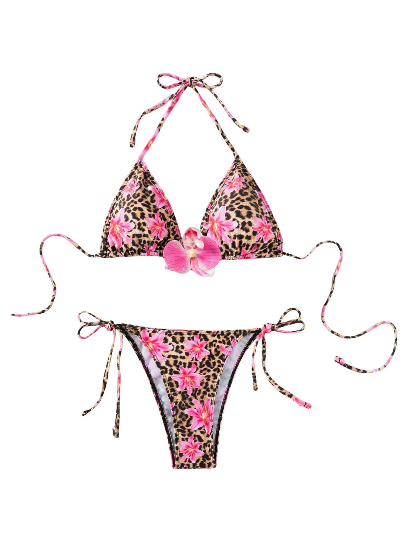 Photo 1 of MakeMeChic Women's 2 Piece Bikini Sets Leopard Print Floral Halter Triangle Tie Backless Bathing Suit Multicolor Medium