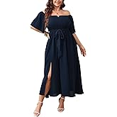 SCOMCHIC Womens Plus Size Formal Dresses Off The Shoulder Wedding Guest Cocktail A-Line Split Maxi Dress with Pockets