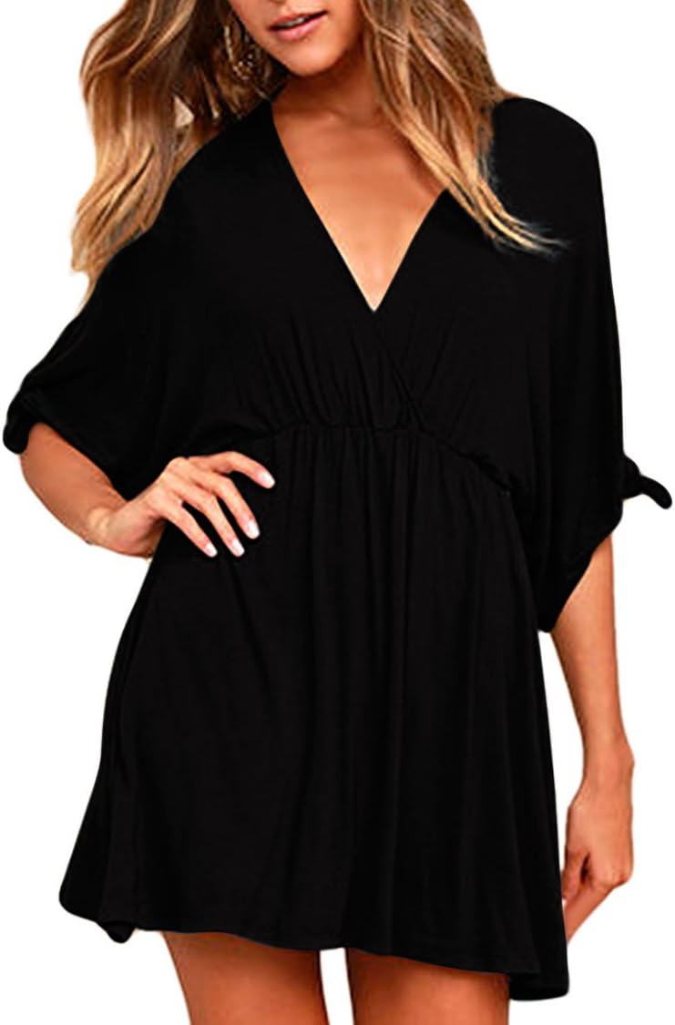 MeenewWomen's Summer Casual Loose Tunic Swing Dress V Neck Short Vacation Dress