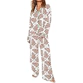 Meiweileya Womens Satin Christmas Pajama Set Silk Tree Cake Button down Shirt Pants 2 Piece Holiday Sets Cute Pj Friends Pjs