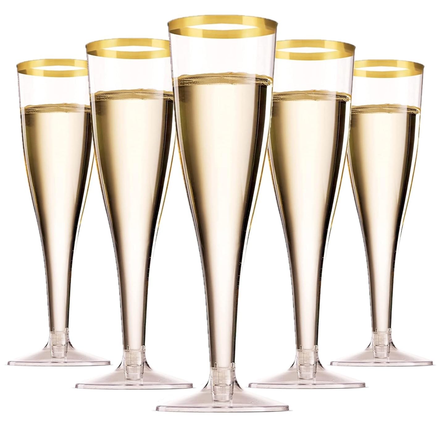 LATERN 50Pcs Gold Rimmed Champagne Flutes, 150ml Plastic Champagne Glasses Reusable Stemmed Party Wine Cups for Garden Wedding Anniversary Shower Parties (5 x 17cm)