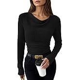 Pink Queen 2026 Spring Cowl Neck Tops for Women Long Sleeve Ruched Slim Fit Ribbed Knit Basic Shirts