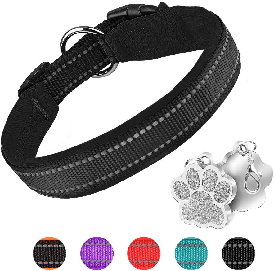 Padded Dog Collar with Tag Reflective Adjustable Dogs Collars Soft