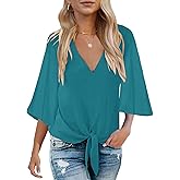 Bluetime Womens Tie Front Tops 3/4 Bell Sleeve V Neck Cute Summer Tops Shirts Casual Chiffon Blouses