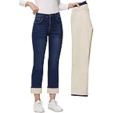 AMRSPENG Women's Fleece Lined Jeans Women Straight Leg Jeans Winter High Waisted Fleece Lined Denim Pants
