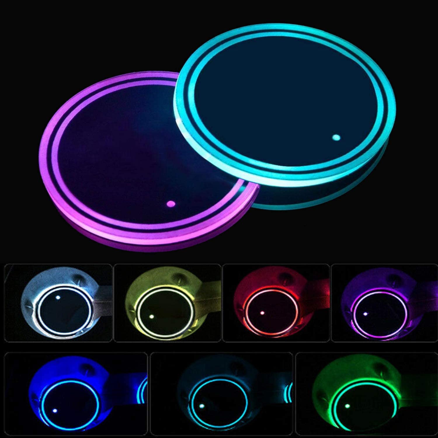 2pcs LED Car Coasters, LED Cup Holder Lights with 7 Colors Luminescent Cup Pad, USB Charging Cup Mat for Drink Coaster Accessories Interior Decoration Atmosphere Light.