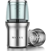 Secura Electric Coffee Grinder and Spice Grinder with 1 Stainless Steel Blades Removable Bowls, Dry Grinding