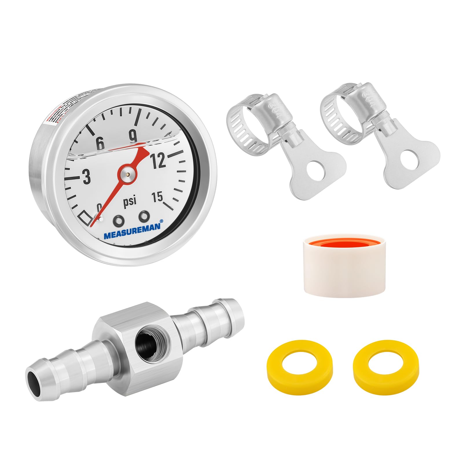 Photo 1 of MEASUREMAN 0-15 Psi Glycerin Filled Fuel Pressure Gauge, 1.5” Dial, 304 Stainless Steel Case, 1/8” NPT Center Back Mount, with 3/8” Fuel Line Adapter, Copper Tube & Fittings, Red Aluminum Pointer