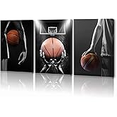KAWAHONE 3 Pieces Basketball Art Prints-Black and White Basketball Sports Canvas Wall Art-Basketball Hoop Sport Decor for Bedroom Gym, Perfect Boys Gift