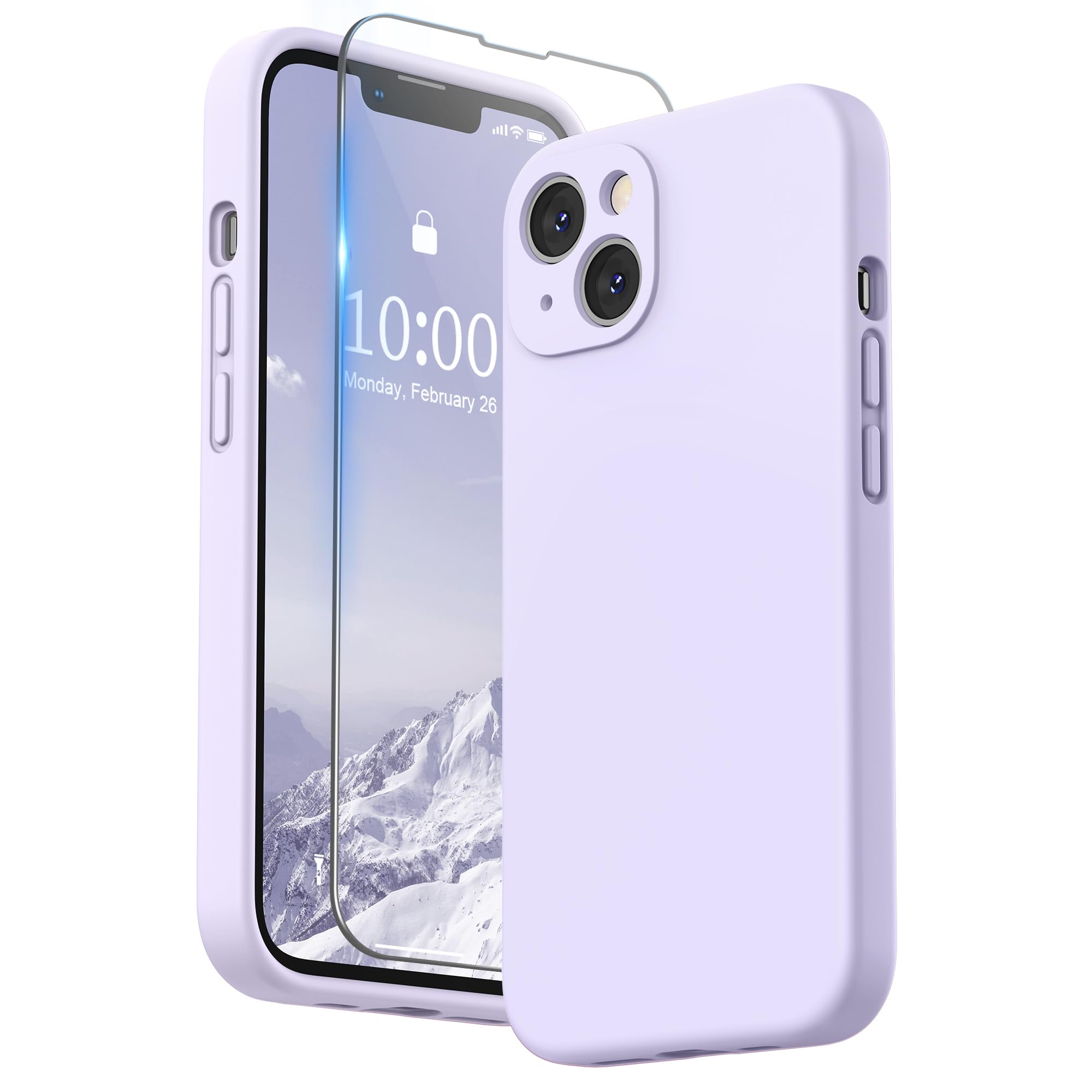 SURPHY Compatible with iPhone 13 Case with Screen Protector, Liquid Silicone Protection for Each Lens Shockproof Thickened Rubber Cover for iPhone 13 6.1 inch 2021, Light Lavender