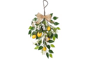 Lrnn Artificial Lemon Teardrop Swag 24 Inch Decorative Swag with Lemons Bows and Green Leaves Spring Summer Fruit Wreath for Front Door Indoor Outdoor Window Home Decor