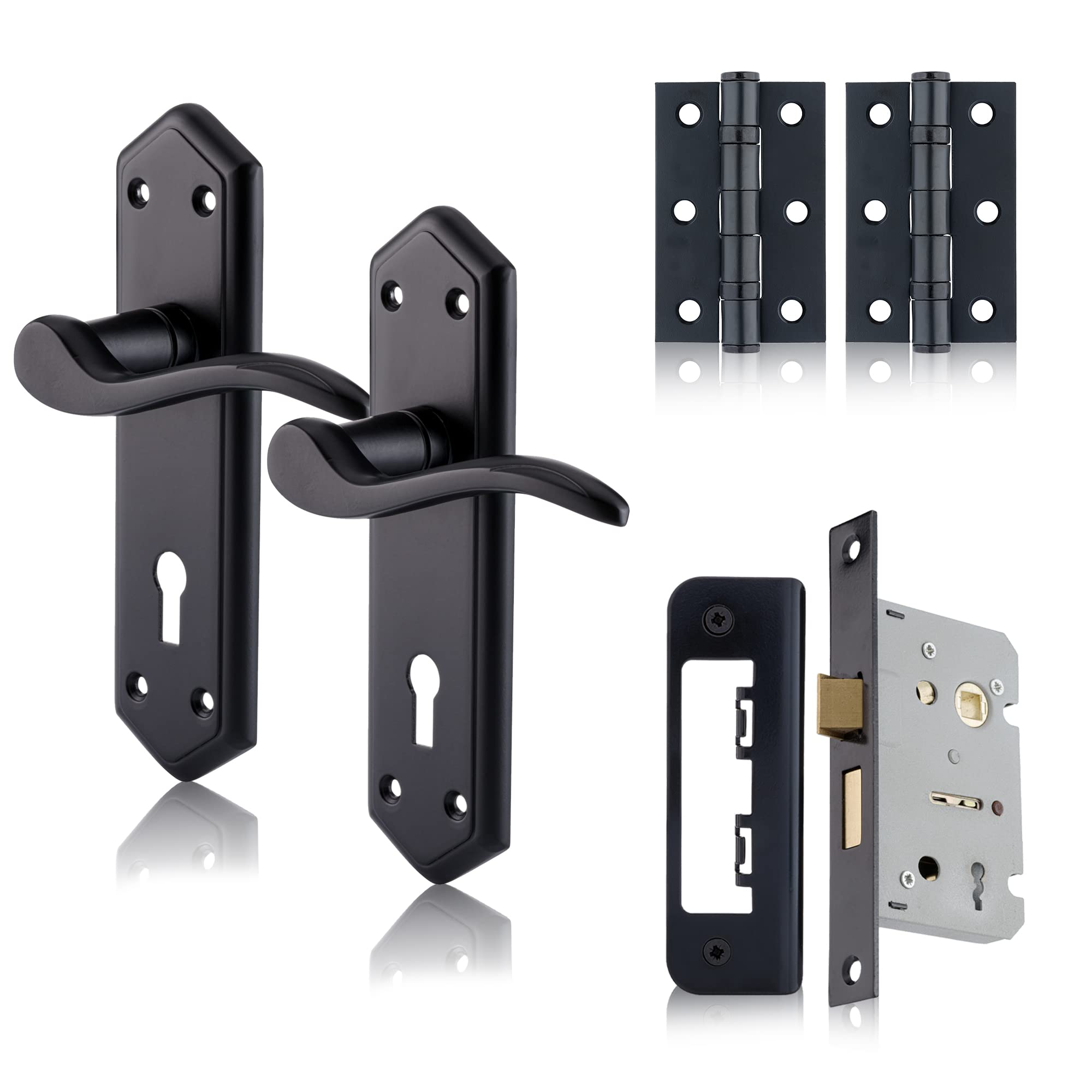 XFORT Black Beauty Range Matt Black London Suite Lever Lock Pack, Complete Set with Lock Door Handles, 65mm Sashlock and 75mm Ball Bearing Hinges, for Internal Wooden Doors