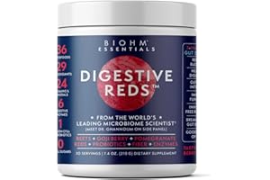 BIOHM Essential Digestive Reds, Superfood Powder, Antioxidants, Vitamins, Probiotics, Digestive Health, for Women and Men, Digestion Supplement with Enzymes, Beets, Goji, Pomegrante, Red Berry Flavor