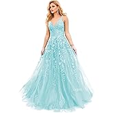 CYJJYZ Sparkly Tulle Prom Dresses 2026 Lace Appliques Long Ball Gown Spaghetti Straps V Neck Corset Formal Evening Gown
