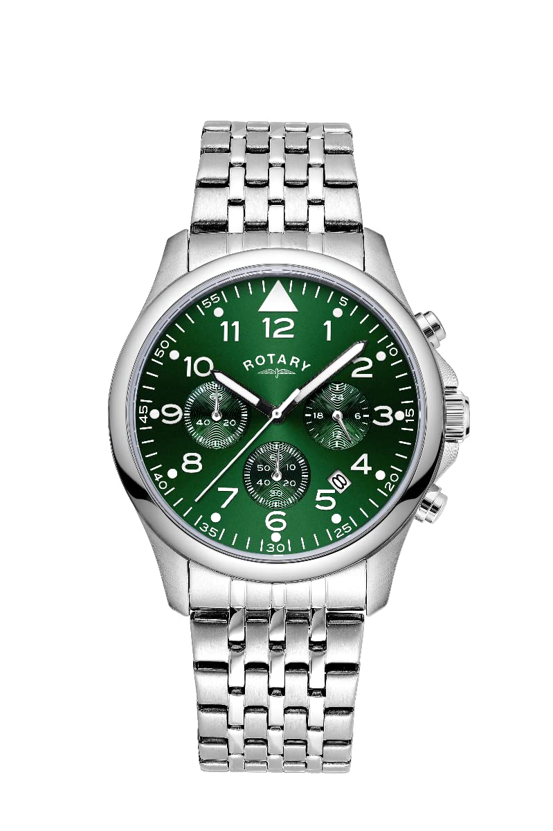 Rotary Mens Chronograph Analogue Quartz Watch with Green Dial and Silver Stainless Steel Bracelet GB00475/56