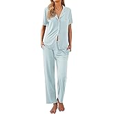 Ekouaer Women Pajamas Set Button Down Sleepwear Short Sleeve Nightwear with Long Pants Soft Pjs Set S-XXL