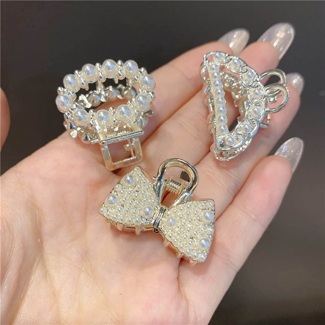 Prosy White Pearl Hair Clips Hair Claw Clamps Bow Hair Claw Clip Non Slip Clips Styling Hair Accessories for Women and Girls(Pack of 3)