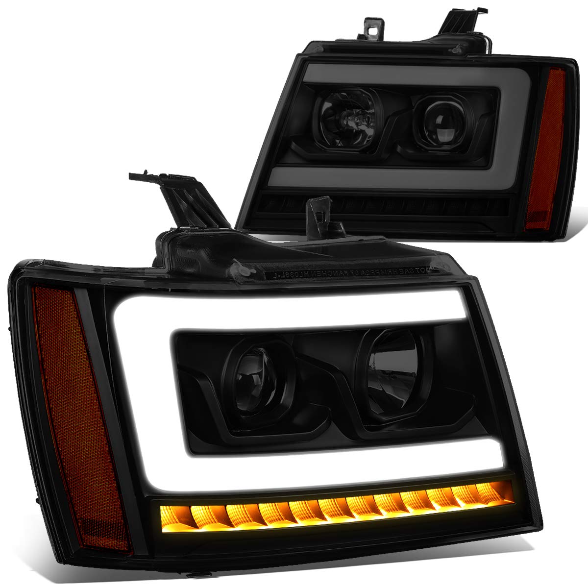 Auto Dynasty 3D LED DRL Sequential Turn Signal Tinted/Amber Projector Headlight Lamps Compatible with 07-14 Tahoe Suburban Avalanche