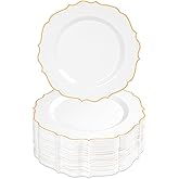 Conflech 100 PCS Gold Dessert Plastic - 7.5 inch White & Gold Plastic for Party Cake Plates Elegant Heavy Duty Disposable Plates for Wedding & Party