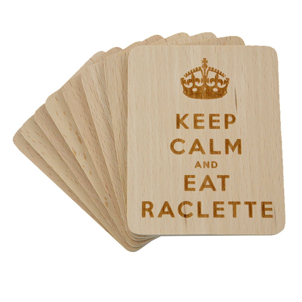 Raclette Coasters with Laser Engraving "Keep Calm and Eat Raclette" Beech Wood 100 x 80 x 7 mm Pack of 8
