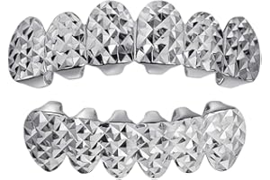 HARLEMBLING Solid 925 Sterling Silver Real Grillz - Diamond Cut - Premade Top & Bottom Grills Set For Teeth - Real Solid Silver NOT BRASS