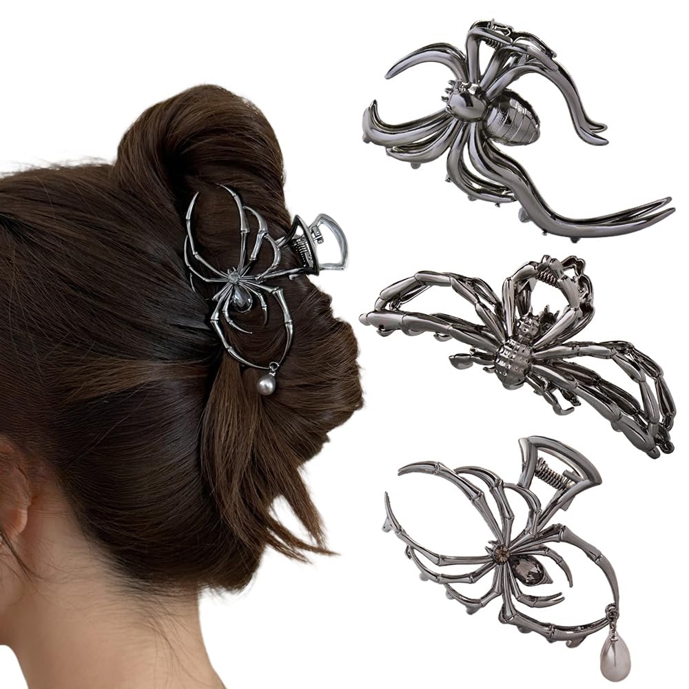 Photo 1 of Halloween 3PCS Spider Hair Claw Clips Hair Accessories for Women Girls, Gothic Black Metal with Pearl Charms Large Medium Size Catch Clips for thick Hair Styling Tool Holiday Gifts(Black Gun)