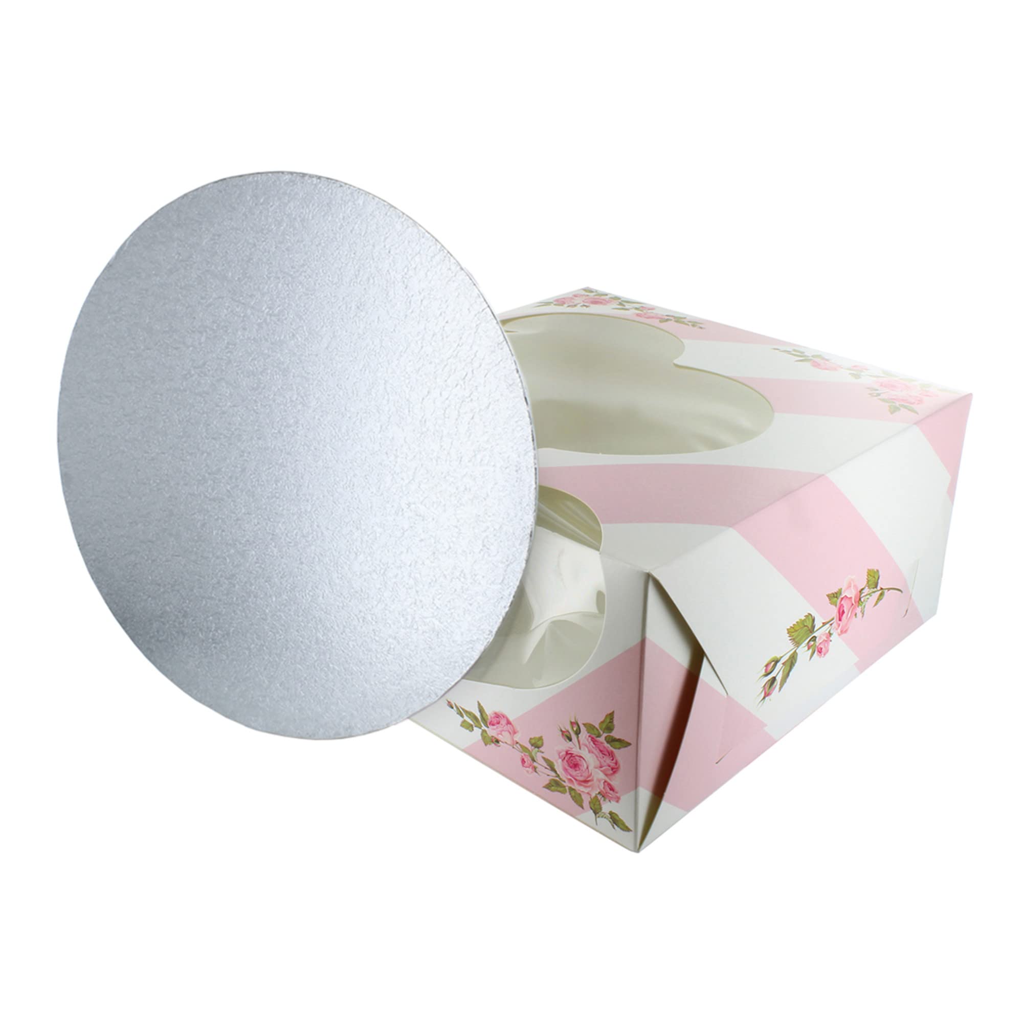 Baked with Love 90292 Heart Printed Cake Box and Board,10 Inch Windowed Valentines Treat Box,Pink,silver