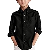 Boys' Long Sleeve Dress Shirts Classic Collared Button-Down Tshirt Solid Cotton Top with Chest Pocket