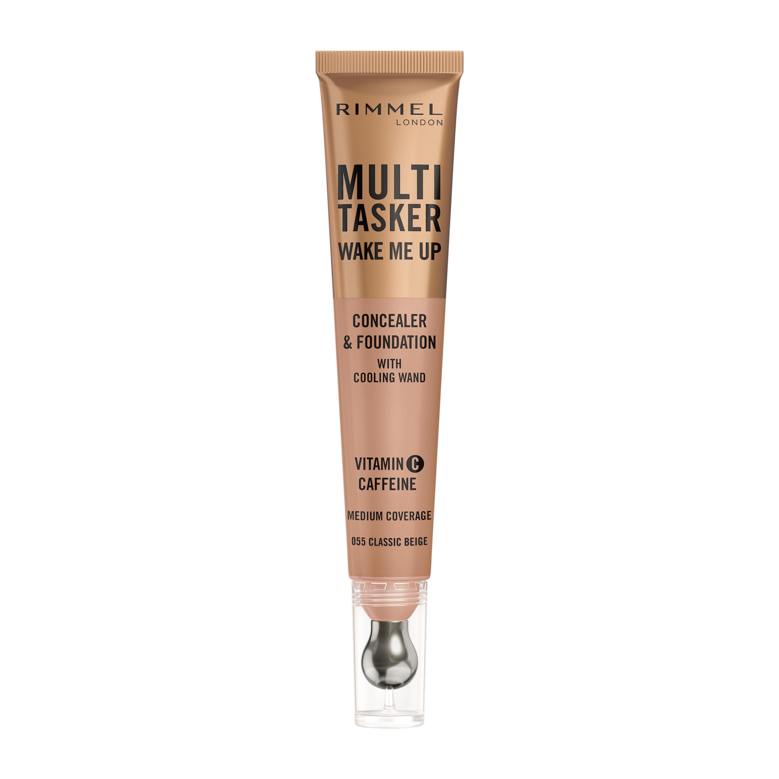 Rimmel Multi-Tasker Wake Me Up Foundation & Concealer, 055 Classic Beige, Depuffs & Brightens Dark Circles, Metallic Cooling Applicator, Caffeine & Victamin C, 2% Niacinamide, Vegan, Cruelty free