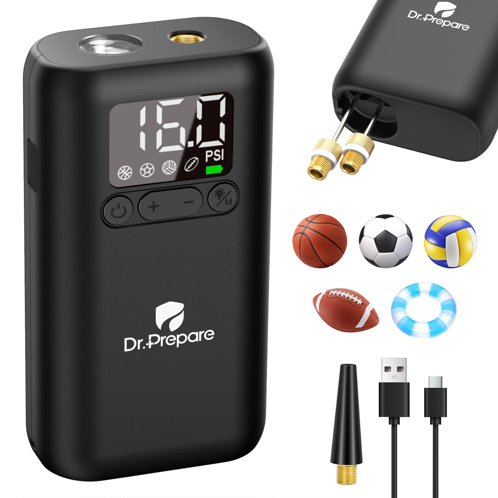Photo 1 of Dr.Prepare Electric Ball Pump Inflation,Basketball Air Pump with Pressure Display,16PSI,Auto-Off,LED Light,for Balls,Swim Ring,DP Camping Shower Bag,with 2 Inflation Needles,1 Adapter,1 Charging Cable