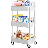 Pipishell 3 Tier Rolling Cart Organizer, Plastic Rolling Cart with Lockable Wheels & Reinforced Handle, Lightweight Utility Cart Storage Cart for Nursery, Kitchen, Bathroom, Craft Room, White, PIUC14W